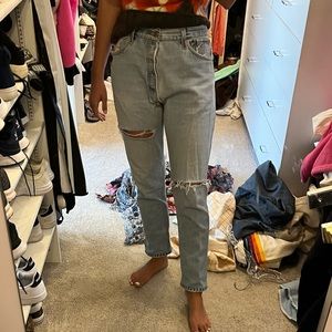 Redone vintage Levi’s! Size 26. Straight leg, light wash with holes
